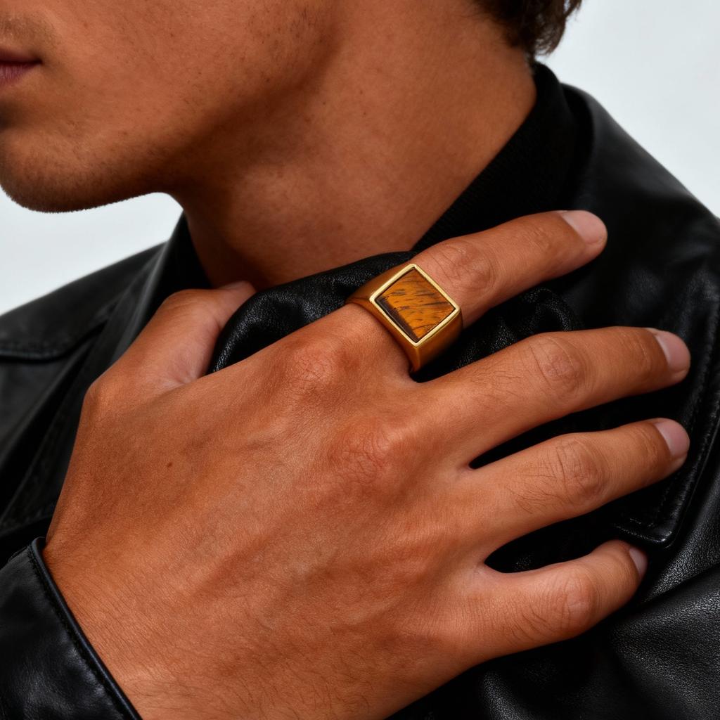 Tiger Eye Stone Ring for Men Boys,Stainless Steel Brown Natural Stone Signet Ring Square Ring,Stylsh Party Jewelry Gift