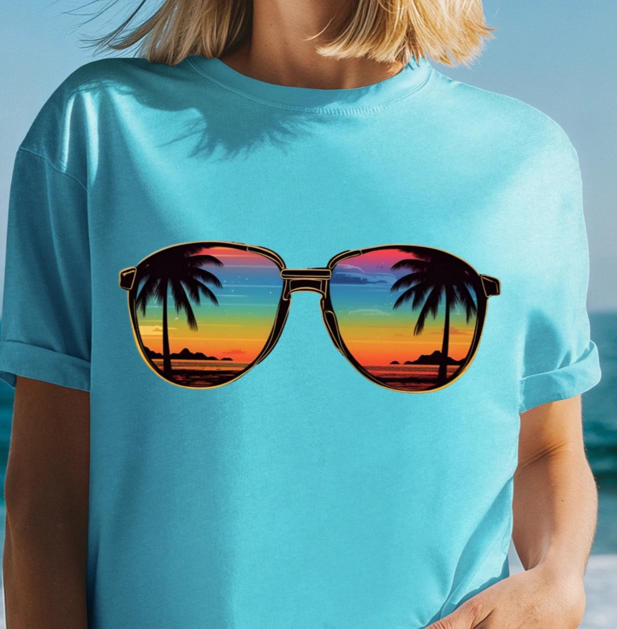 Sunset Palm Sunglasses T-Shirt | Tropical Beach Vibes Tee, Retro Summer Fashion XL