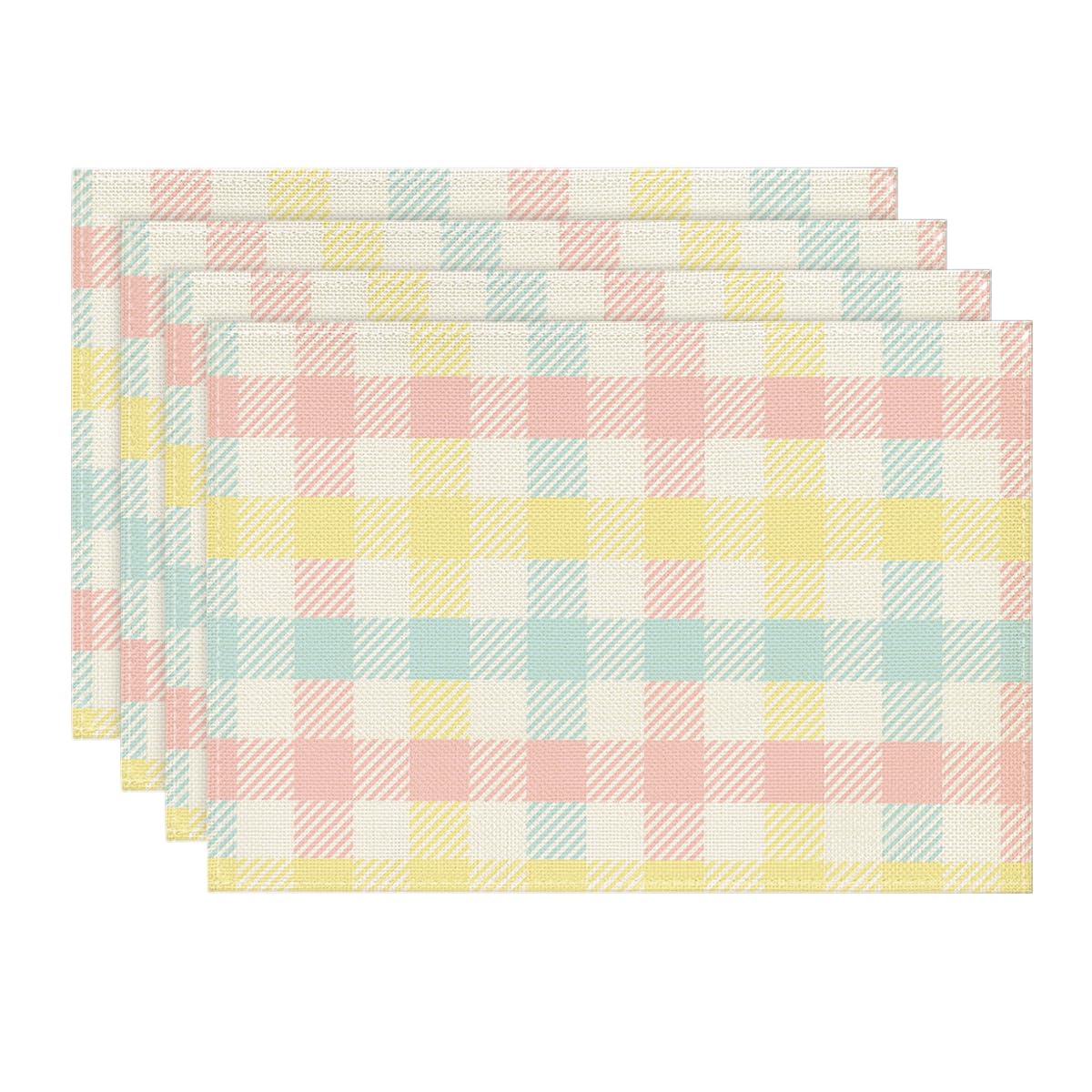 

Blue Pink Yellow Buffalo Plaid Placemats Set of 4, 12x18 Inch Seasonal Easter Table Mats for Party Kitchen Dining Decoration 12 x 18 , Rectangular 4 Pcs
