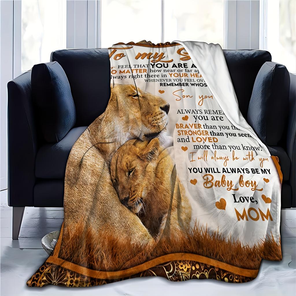 1pc Cozy Flannel Blanket with Lion Design - Soft Knit Polyester, Sentimental Quote for Son from Mom, Universal Home Decor, No Battery Required