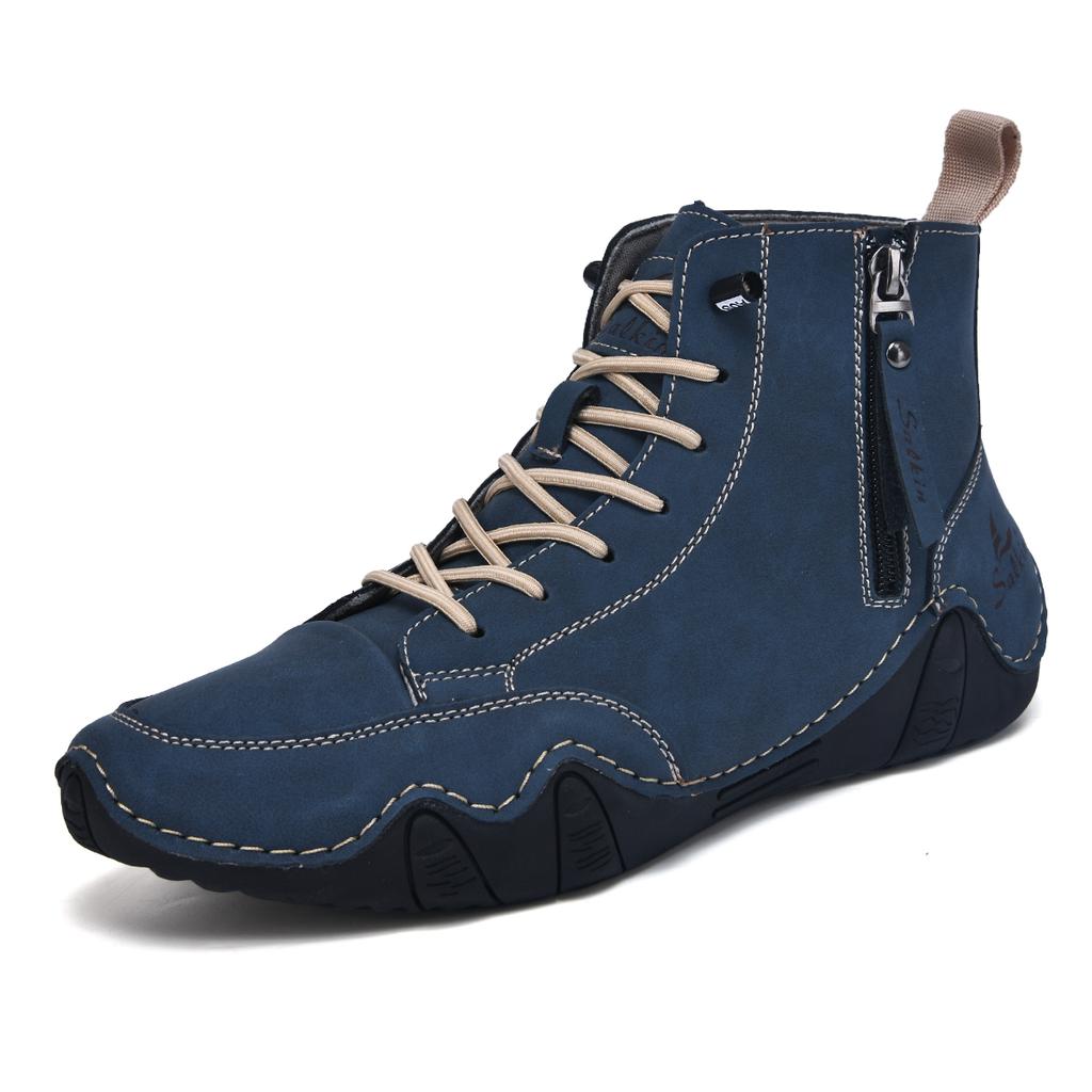 New 2025 Handmade Casual Shoes Men Sneakers Ankle Boots Leather Side Zipper Comfortable Breathable Anti-Slip Outdoor Walking