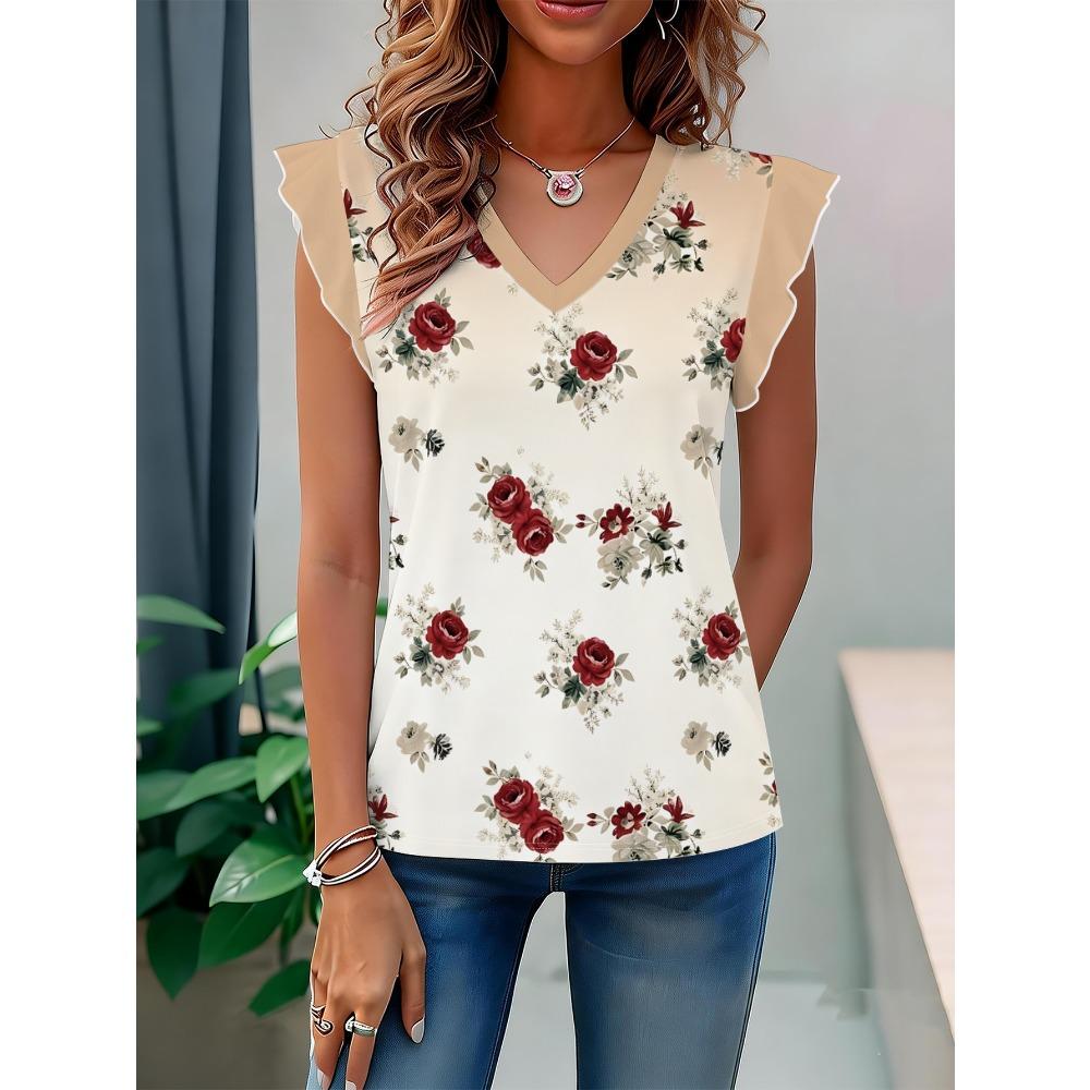 Vintage Rose Floral High-Quality Women s All-Over Print V-Neck Top, Ruffle Sleeve T-Shirt S
