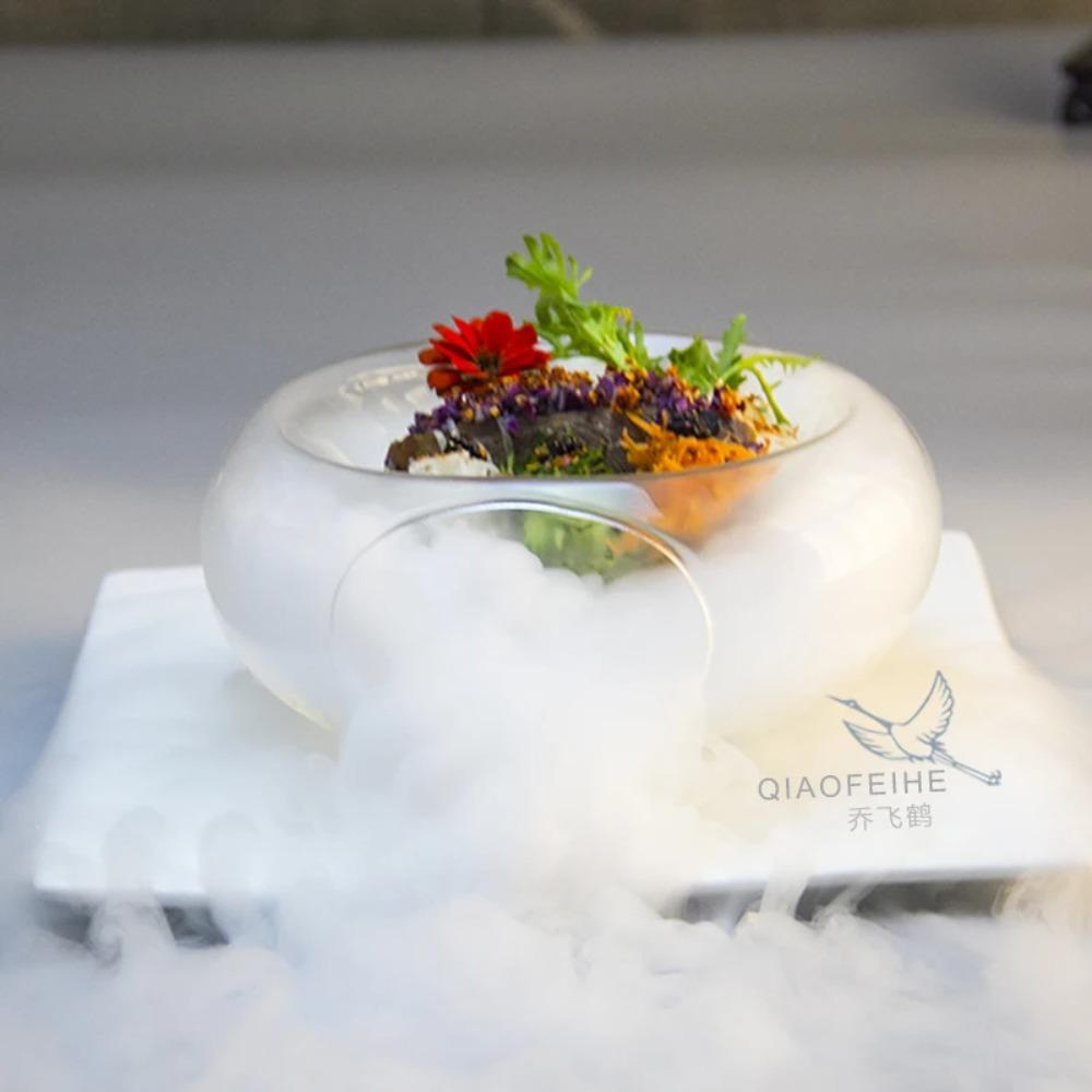 Transparent High-temperature Glass Bowl with Side Opening Dry Ice Bowl Creative Cuisine Tableware Special Restaurant Salad Bowl
