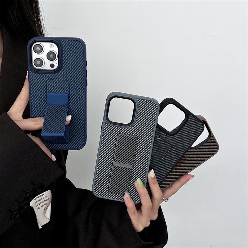 Carbon Fiber Pattern With Folding Push-pull Bracket Phone Case For iPhone 16 Plus 15 14 13 Pro Max Luxury Shockproof Cover