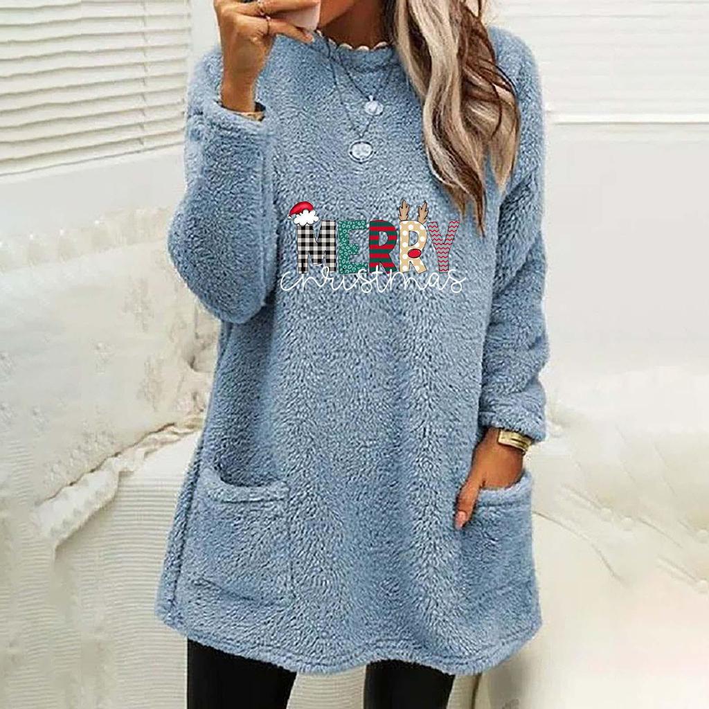 Women's Christmas Print Round Neck Loose Long Sleeve Pocket Plush Hoodie