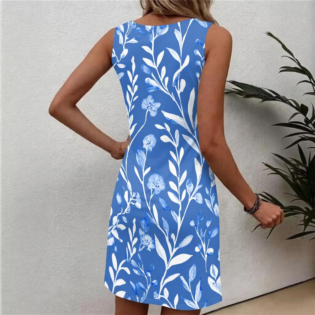 Robe sans manches à imprimé floral pour femme Robe d'été décontractée à col rond Tissu léger et confortable Coupe douce