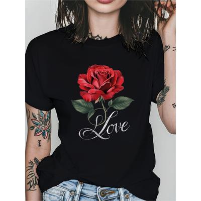 Taglie Europee T-shirt Nera da Donna con Rosa Rossa & Scritta Love Stampa Floreale - Morbido Comfort Fit Manica Corta Girocollo Top Casual Elegante