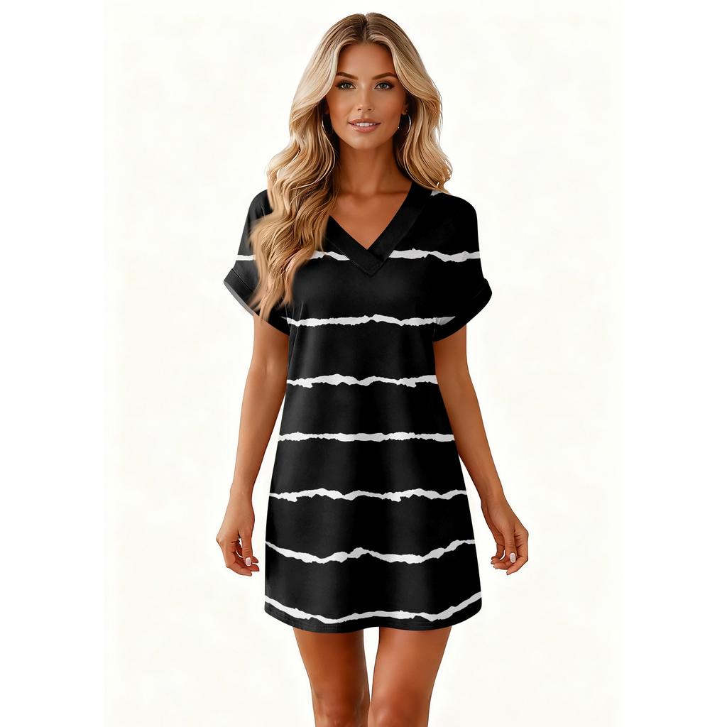 Damenmode Gestreifter Druck V-Ausschnitt Kurzarm Tasche Lässiges Pulloverkleid