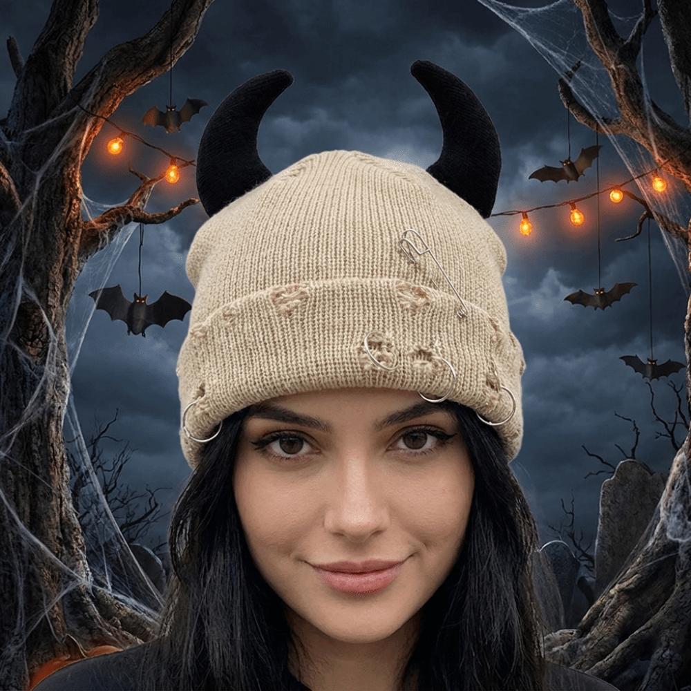 Yarn Winter Pullover Cap Solid Color Knitted Beanie Punk Devil Horns Hat Autumn/Winter