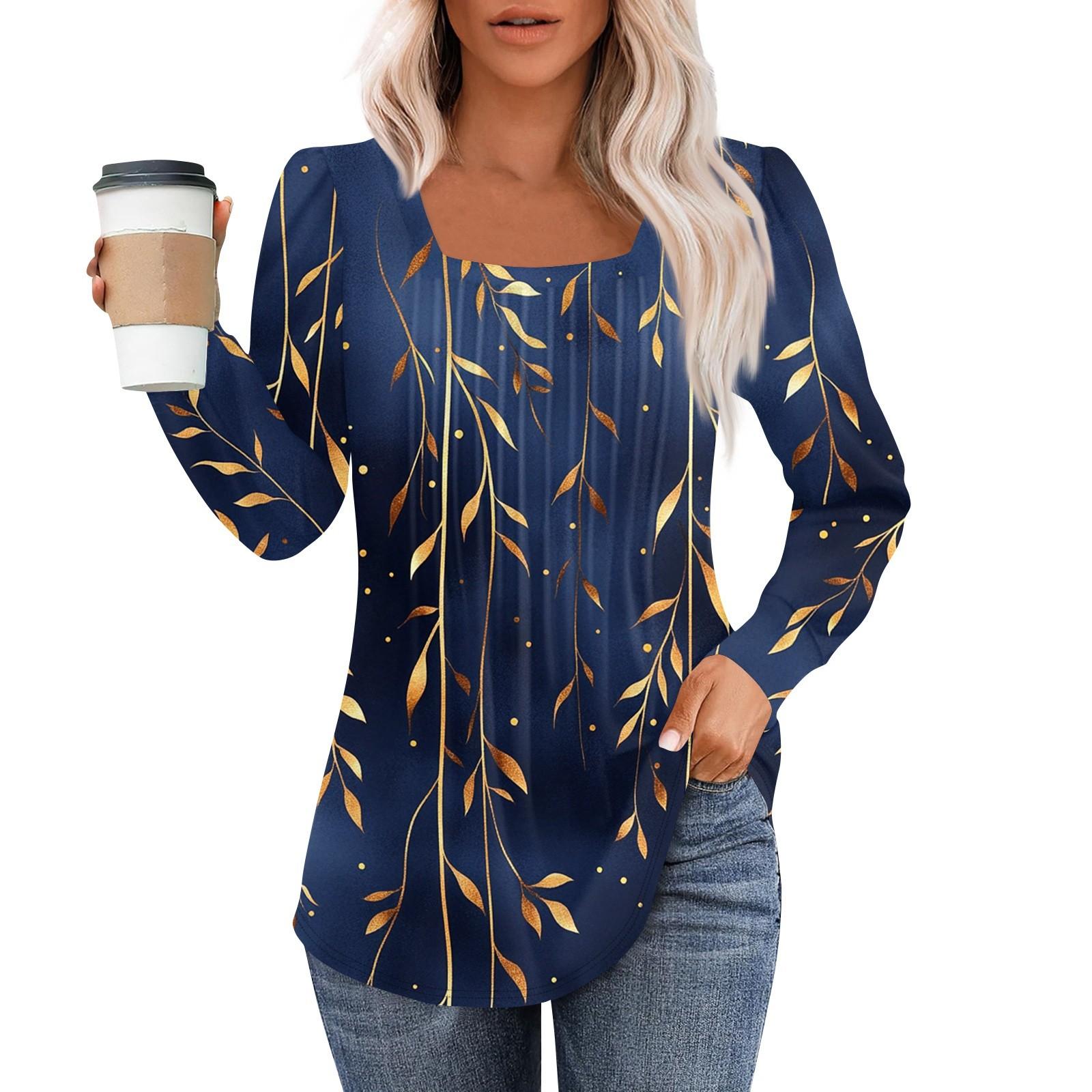 

Рубашки с длинным рукавом для женщин, топы, нарядные повседневные блузки, плиссированные туники с квадратным вырезом XL тёмно-синий