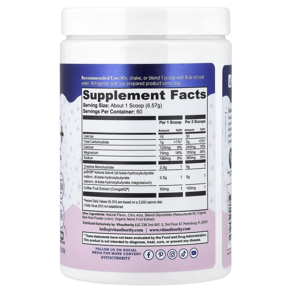 Vitauthority, Active, Creatine+, Raspberry, 394g (13.9oz)