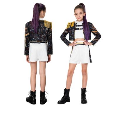 Kız Çocukları İblis Şarkıcılar POP Yıldızı Rumi Baskılı Püsküllü Cadılar Bayramı Cosplay Kostümü Çocuk Karnaval Partisi Rol Yapma Giydirme Kıyafeti