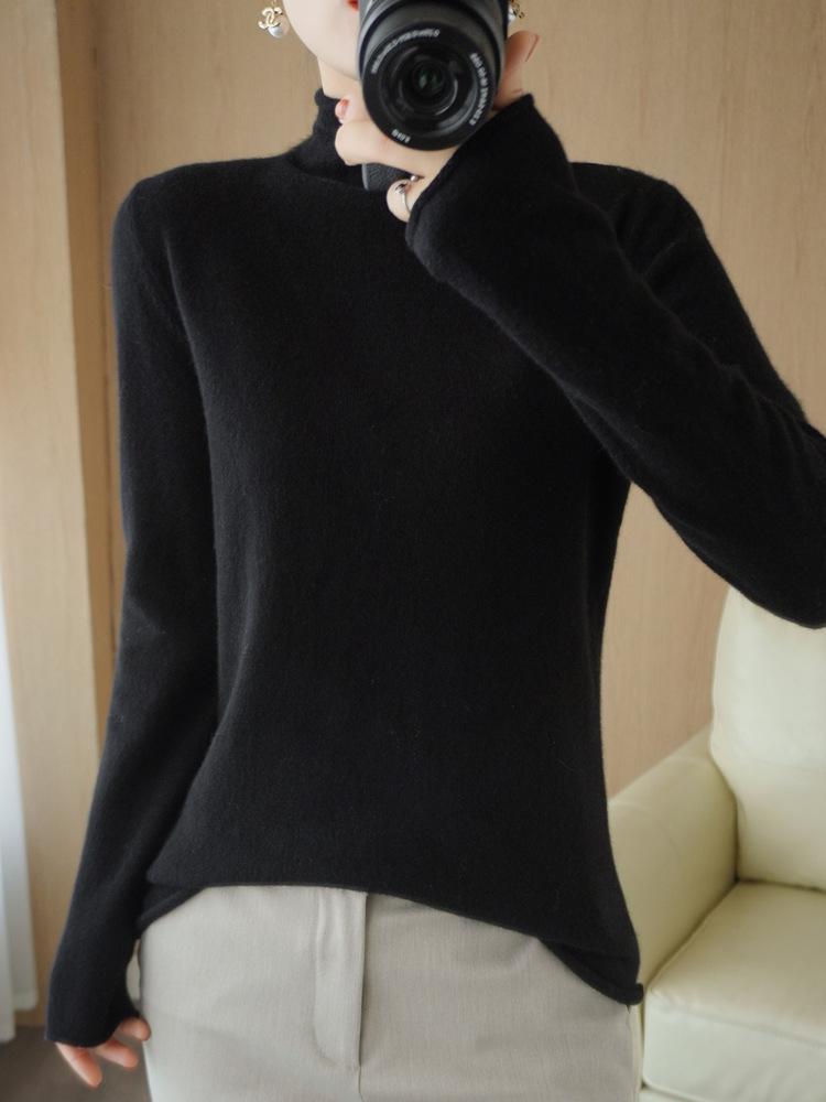Women's 100% Pure Wool Turtleneck Sweater - Fashionable Autumn/Winter Knitted Cashmere Base Layer Top