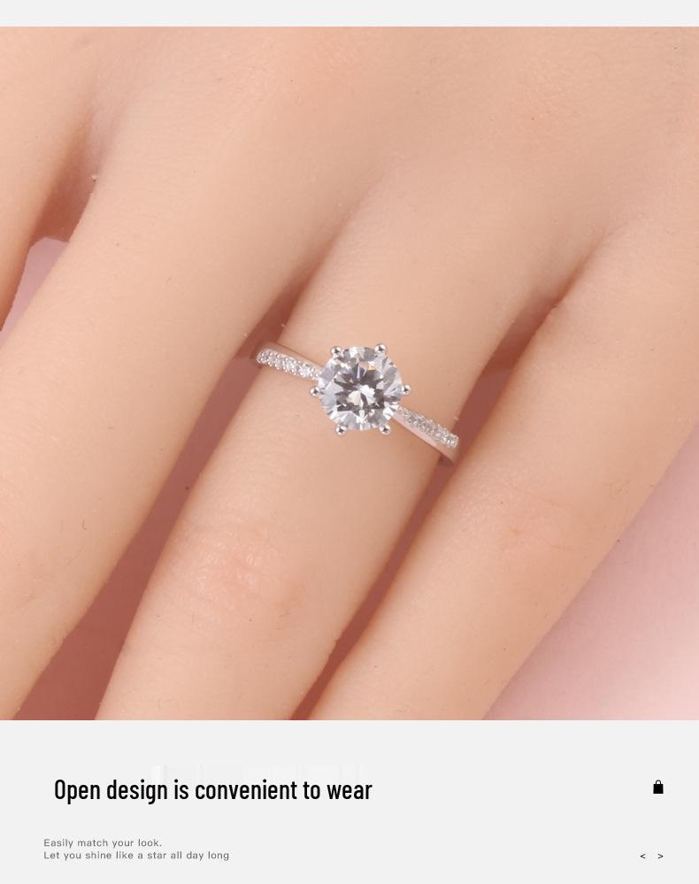 S925 Sterling Silver Adjustable Six-Prong Diamond Simulated Ring for Women - Elegant, Light Luxury Proposal Jewelry