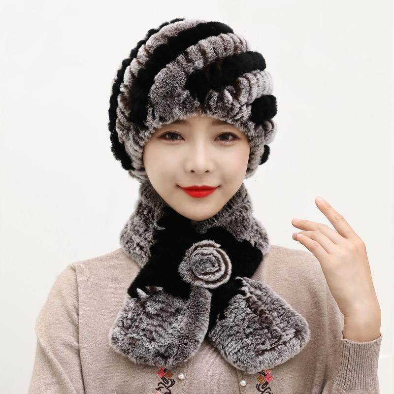 Winter Knitted 100% Natural Fur Hats Scarves Sets Women Warm Real Rex Rabbit Fur Hat Scarf Lady Fashion Thick Rex Rabbit Fur Hat