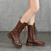 Johnature Genuine Leather Mid-calf Boots Plush Cotton Boots British Style Lace Up Women's Boots