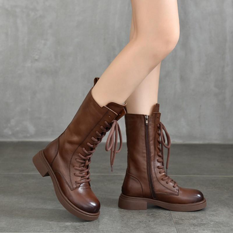 Johnature Genuine Leather Mid-calf Boots Plush Cotton Boots British Style Lace Up Women's Boots