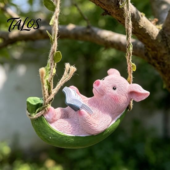 Resin Animal Figurine Hanging Pig Figurine, Cute Piggy Lying in Hammock Reading Home Decor Book Ornament, Waterproof Sculpture for Indoor Outdoor