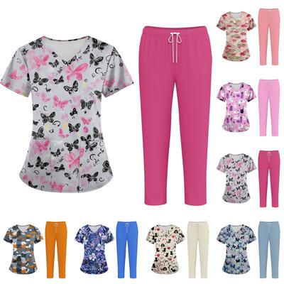 Plus SizePrinted Scrub Working Uniform Tops For Women's Cross V-Neck Halloween Print Short Sleeve Fun T-Shirts Workwear Tee With Pockets