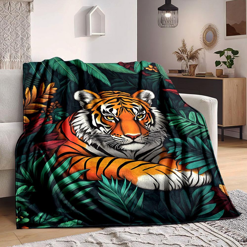 1pc Tiger Jungle Print Blanket, Lightweight Flannel Fleece with Digital Printing, Soft Warm for Sofa, Travel, Camping, Office, Couch, Chair, and Bed,