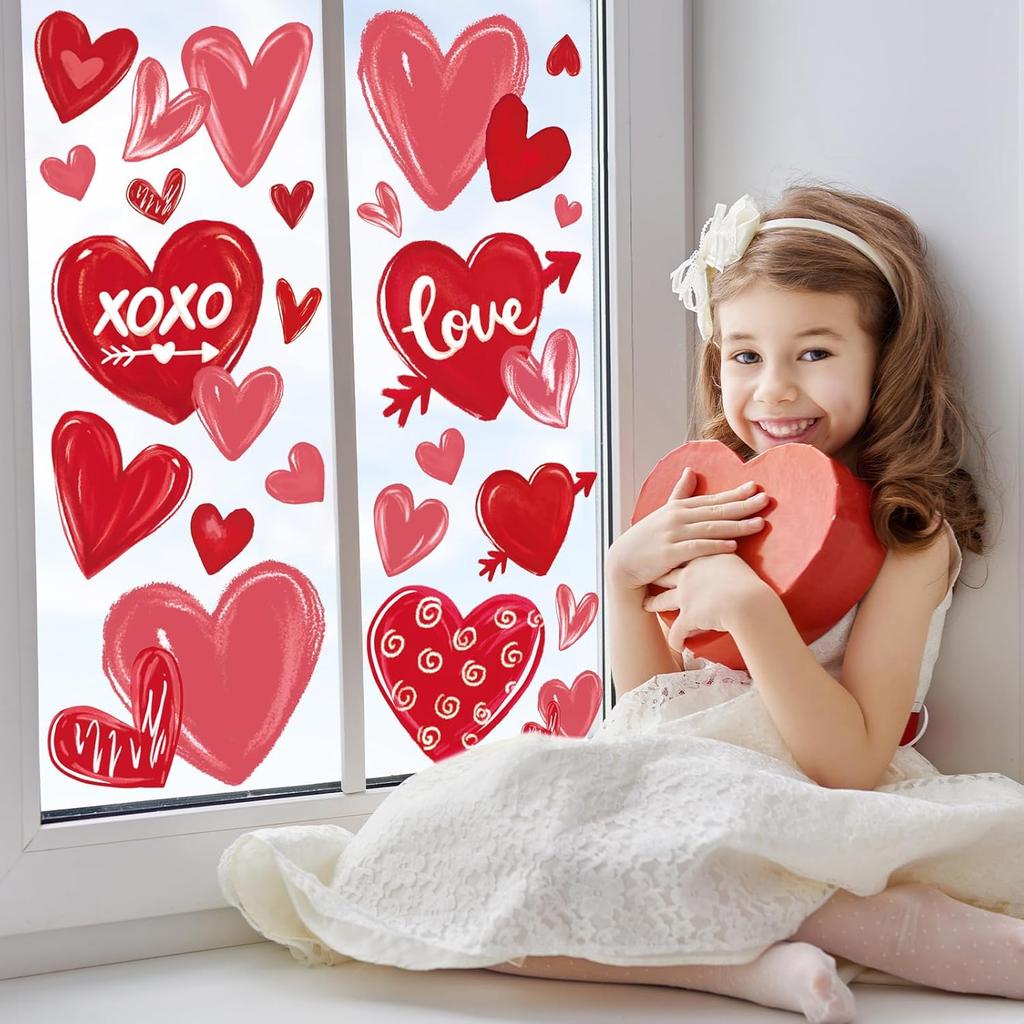 Whaline 9 Sheet Valentine's Day Heart Window Clings Red Pink Love Heart Reble Window Decals for Wedding Anniversary Home Office Classroom Window