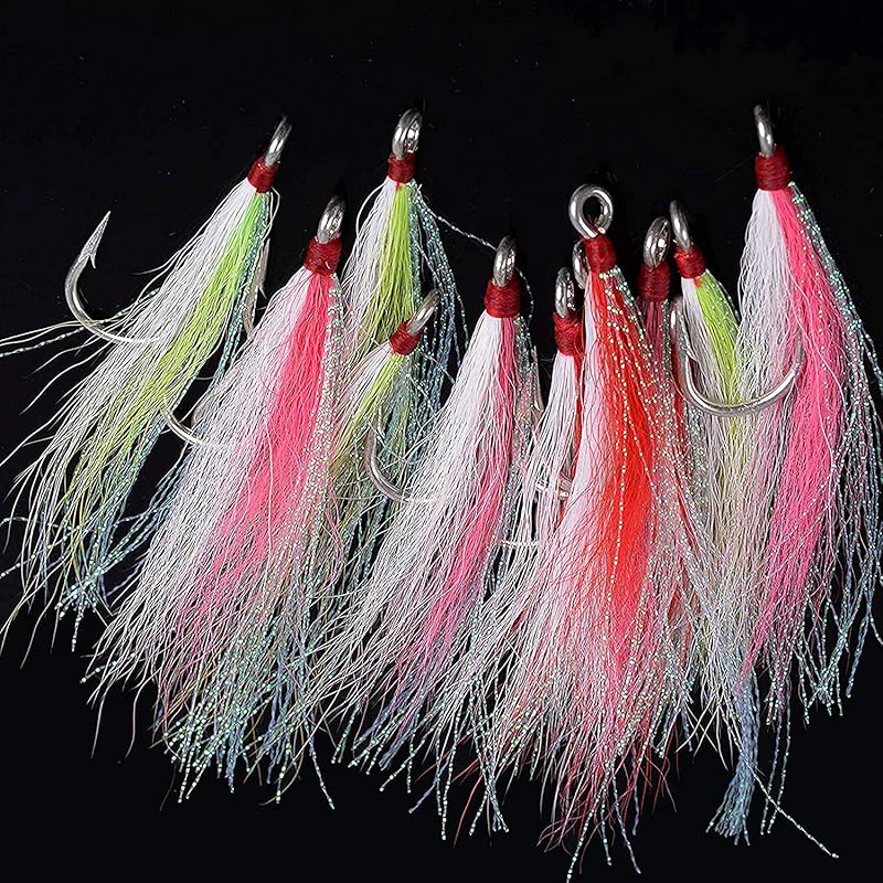Bucktail Teasers Fishing Hooks Saltwater Flounder Rig Fishing Hooks Stainless Steel Bucktail Mylar Teasers Inserted for Catfish Cod Flounder Hi/Lo 6pcs