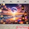 2D plane 1 piece of beach sunset scene with purple moon and starry sky intertwined event arrangement or cultural exhibition