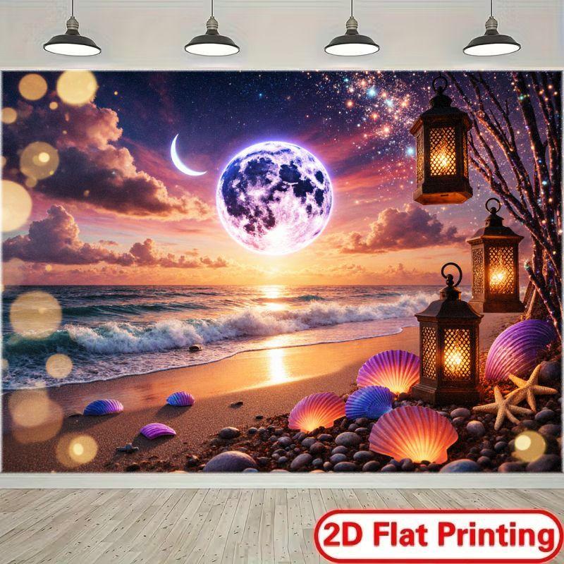 2D plane 1 piece of beach sunset scene with purple moon and starry sky intertwined event arrangement or cultural exhibition