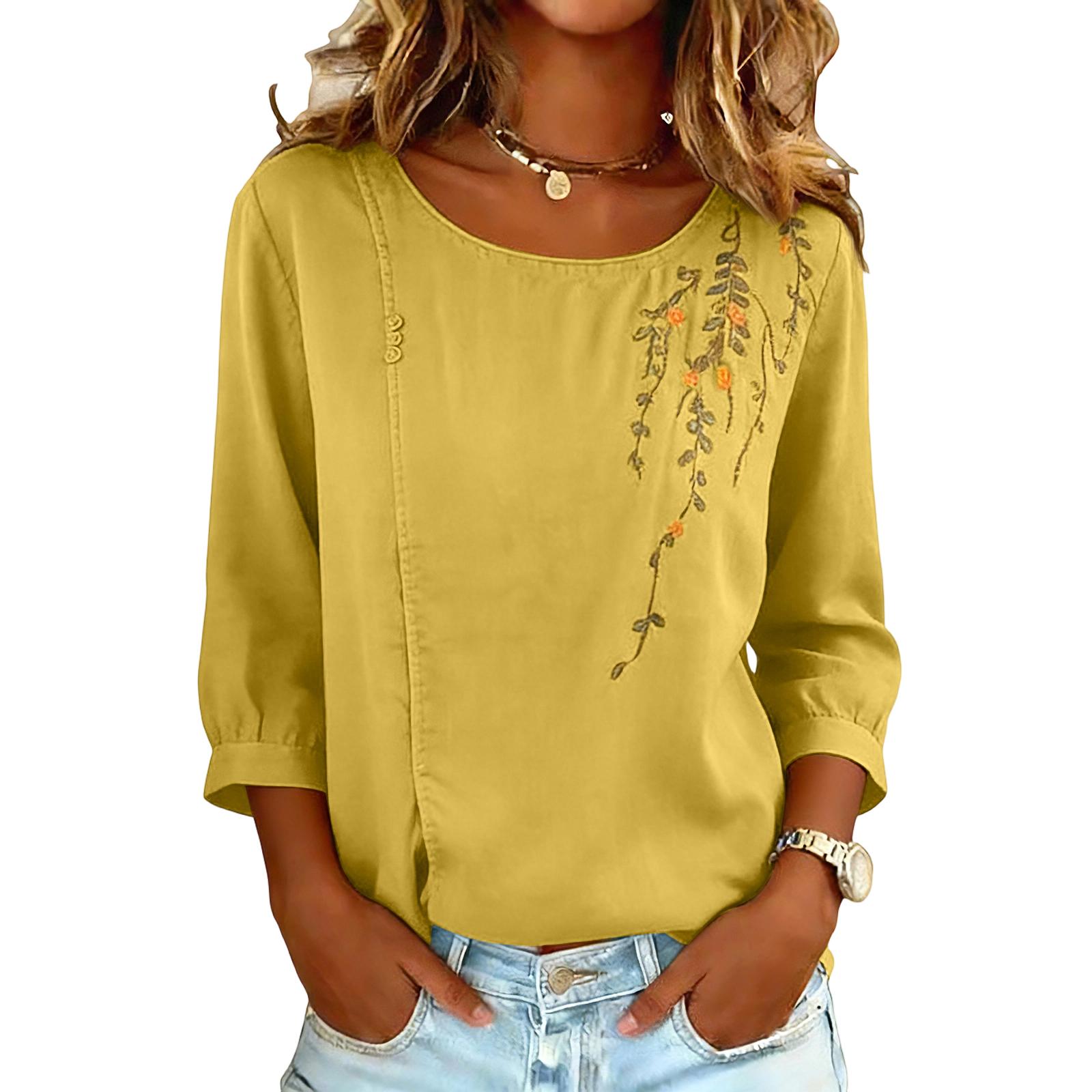 

Women s Color Casual Loose V-neck Long Sleeved Split Cotton And Linen Top XL жовтий