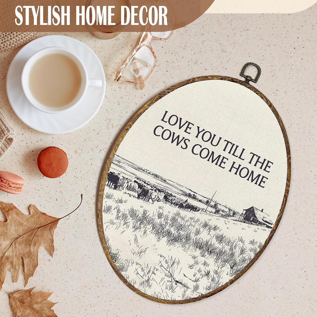 FSTCSV Vintage Western Cow Oval Wall Art Framed, Western Cowboy Cows Canvas Prints Wall Hanging Art, Love You Till The Cows Come Home Oval Walls