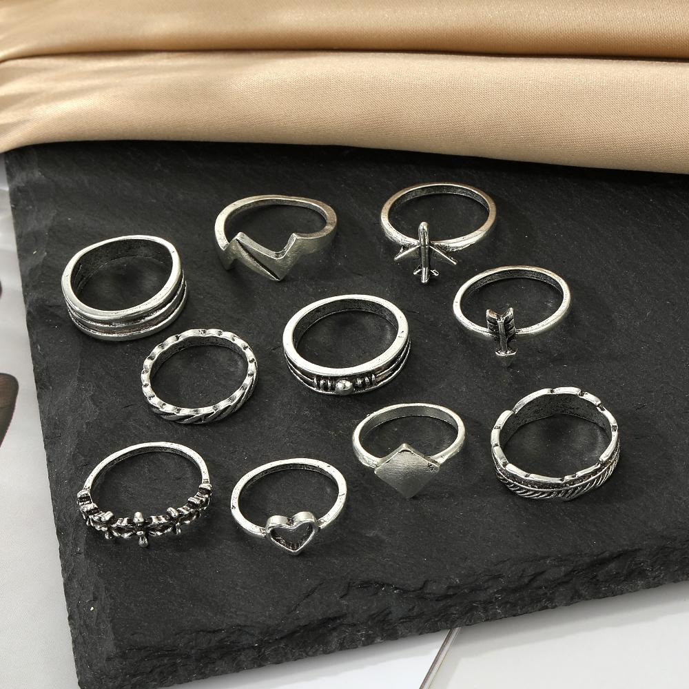 Ensemble de 10 bagues créatives Amour Avion Flèche Rétro Punk pour Femmes Bijoux Tendance