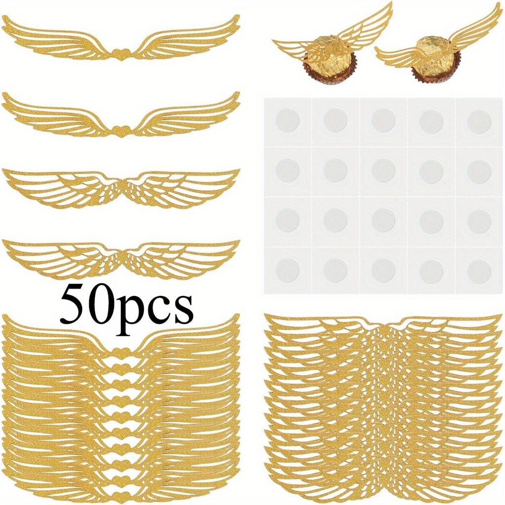 50pcs Golden Glitter Wings Chocolate Toppers with Packaging Snitch Wing Designs for Wizard Party Decorations Perfect for Cake Topper Decorations