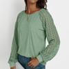 Women's Solid Color Lace Patchwork Round Neck Long Sleeved T-shirt Loose Top