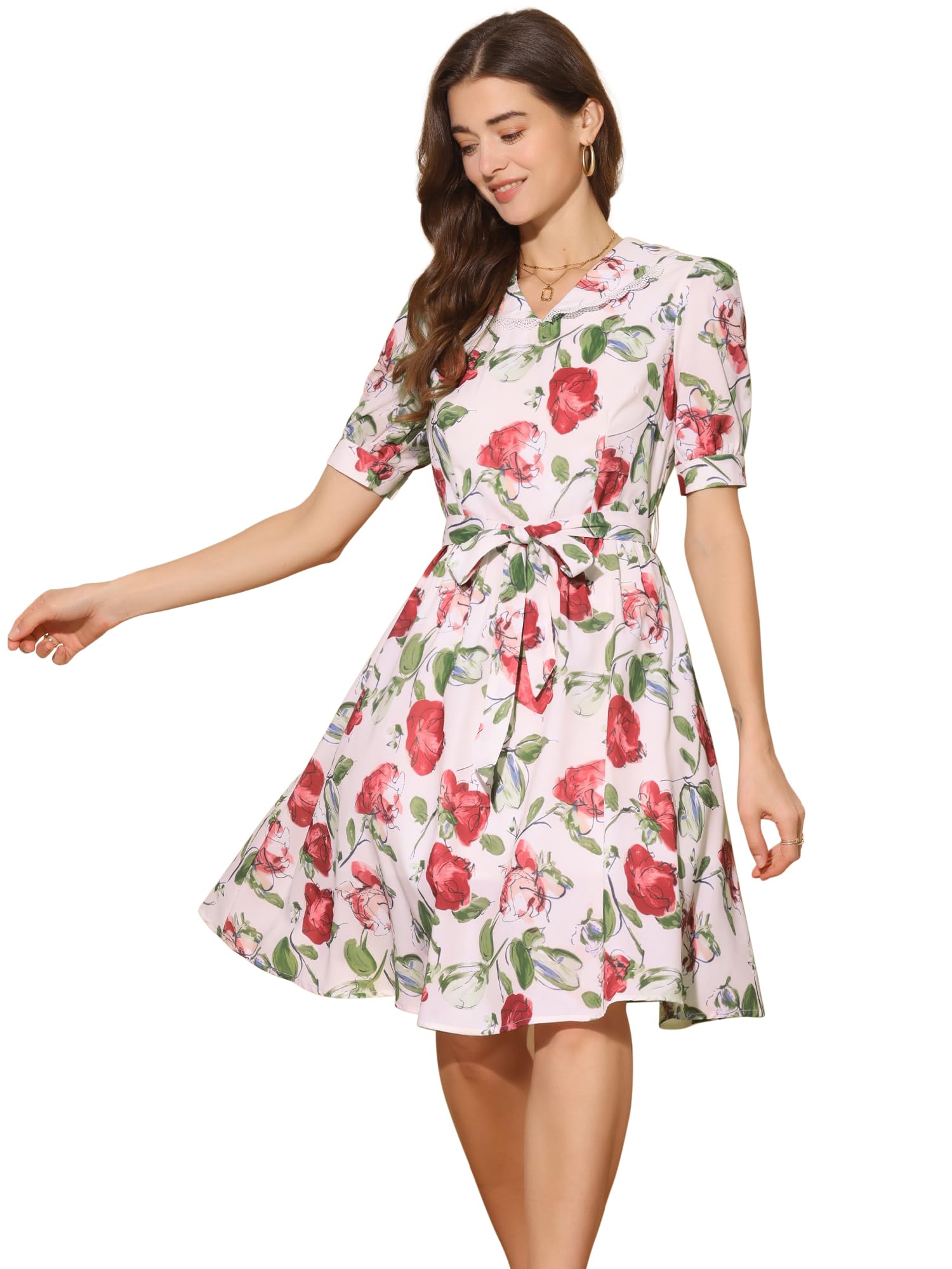 

Allegra K Floral Dress, Pan Collar, A-Line, Chiffon, Casual, Women s, Beige Red, Size M