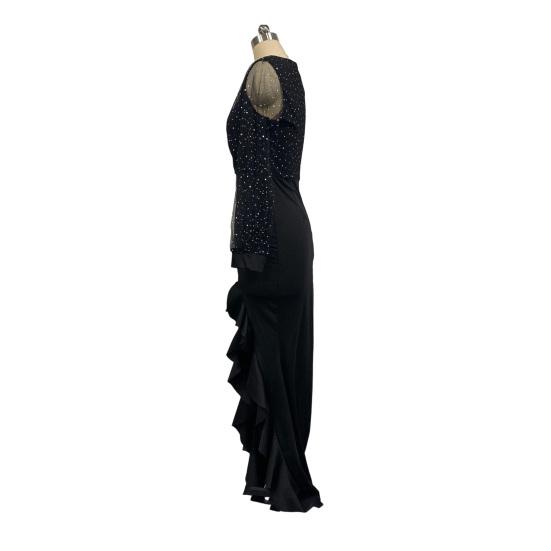 Sexy Bodycon Maxi Dress for Women V Neck Long Sleeve Mesh Sequin Dress Ruffle Side Split Wedding Guest Cocktail Party Dress