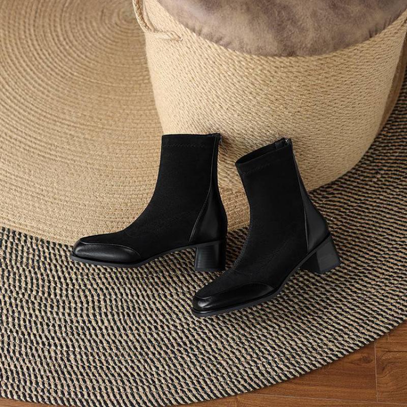 

Корейская версия женских ботинок на среднем каблуке большого размера, однотонные эластичные замшевые ботильоны, задняя молния, удобные квадратные и новые ботинки Мартин 39