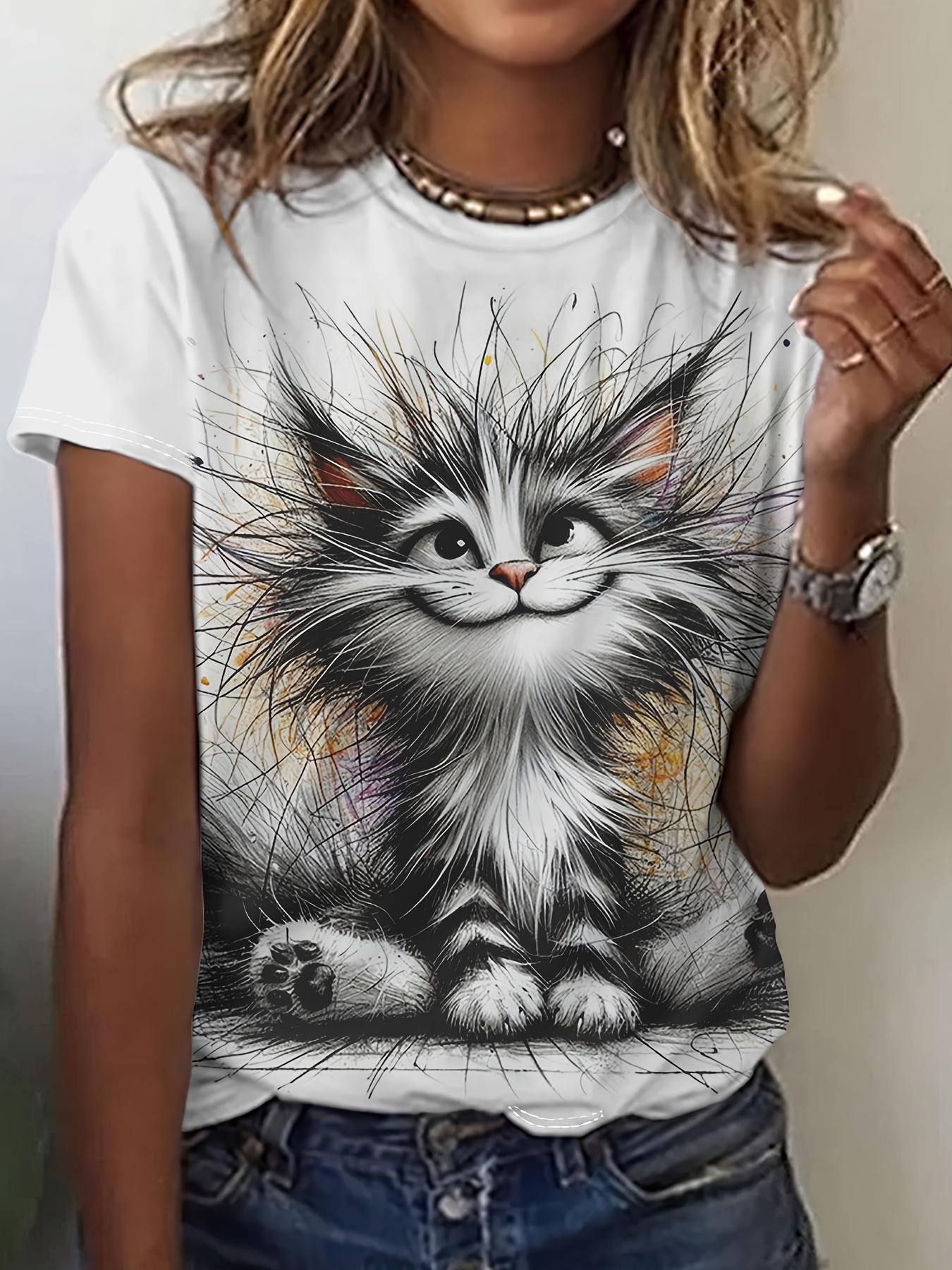 Fuzzy Cat Print Crew Neck T-shirt. Short Sleeve Casual Top XL дубильная кора