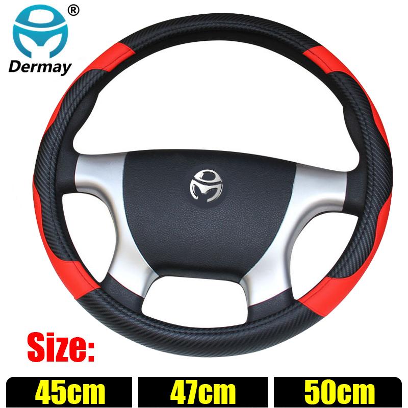 

DERMAY New Car Steering Wheel Cover Size 45cm 47cm 50cm Carbon Fibre+Faux Leather for Car Bus Truck Boat Free