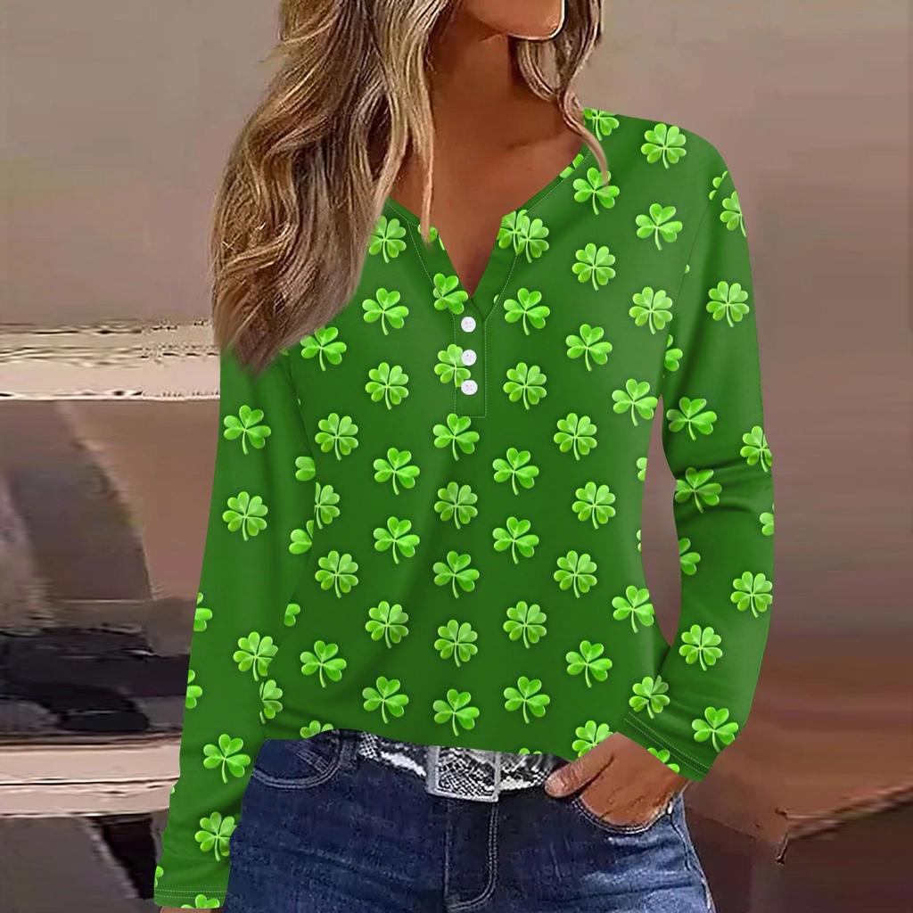 Women's Fashion Casual Printed V-neck Long Sleeve Button Up T-shirt Top