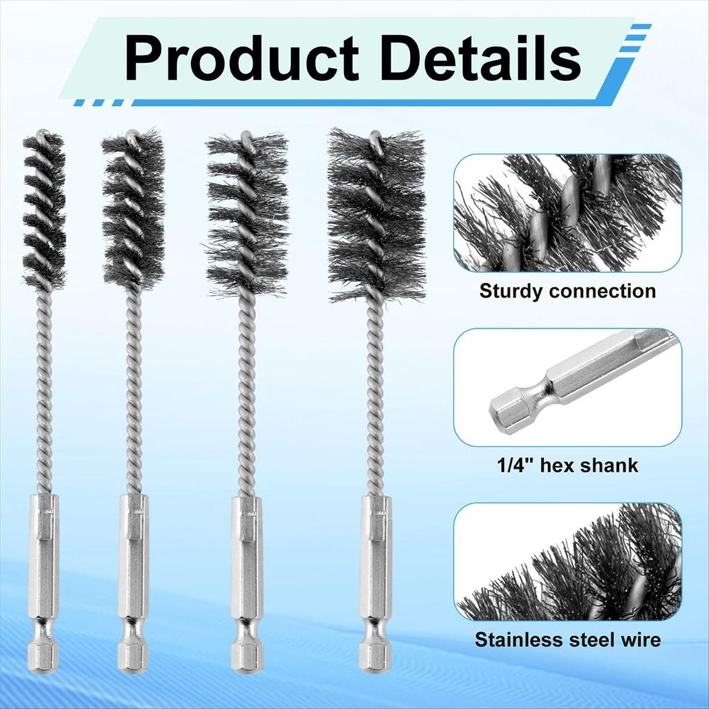 BHBL 8pcs Bore Brush, Stainless Steel Wire Brush Drill Attachments with 1/4 Inch Hex Shank Twisted Wire Cleaning Tools
