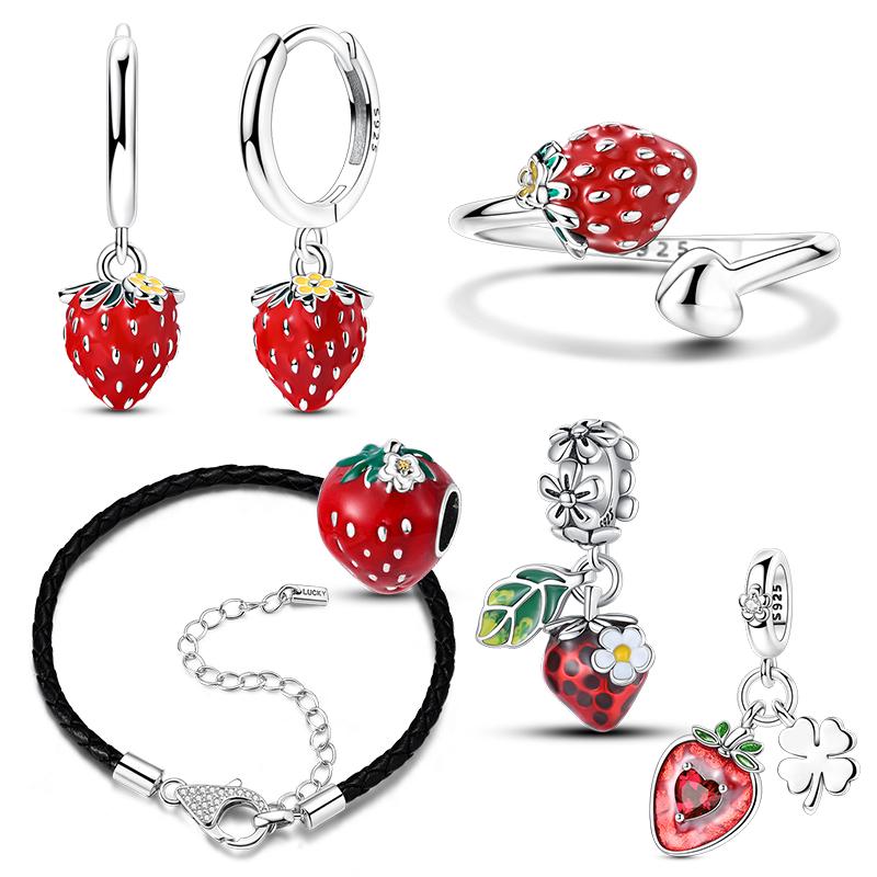 Original 925 Sterling Silver Cute Strawberry Bead Pendant Hoop Earrings Open Ring Leather Rope Bracelet For Women Jewelry Gift
