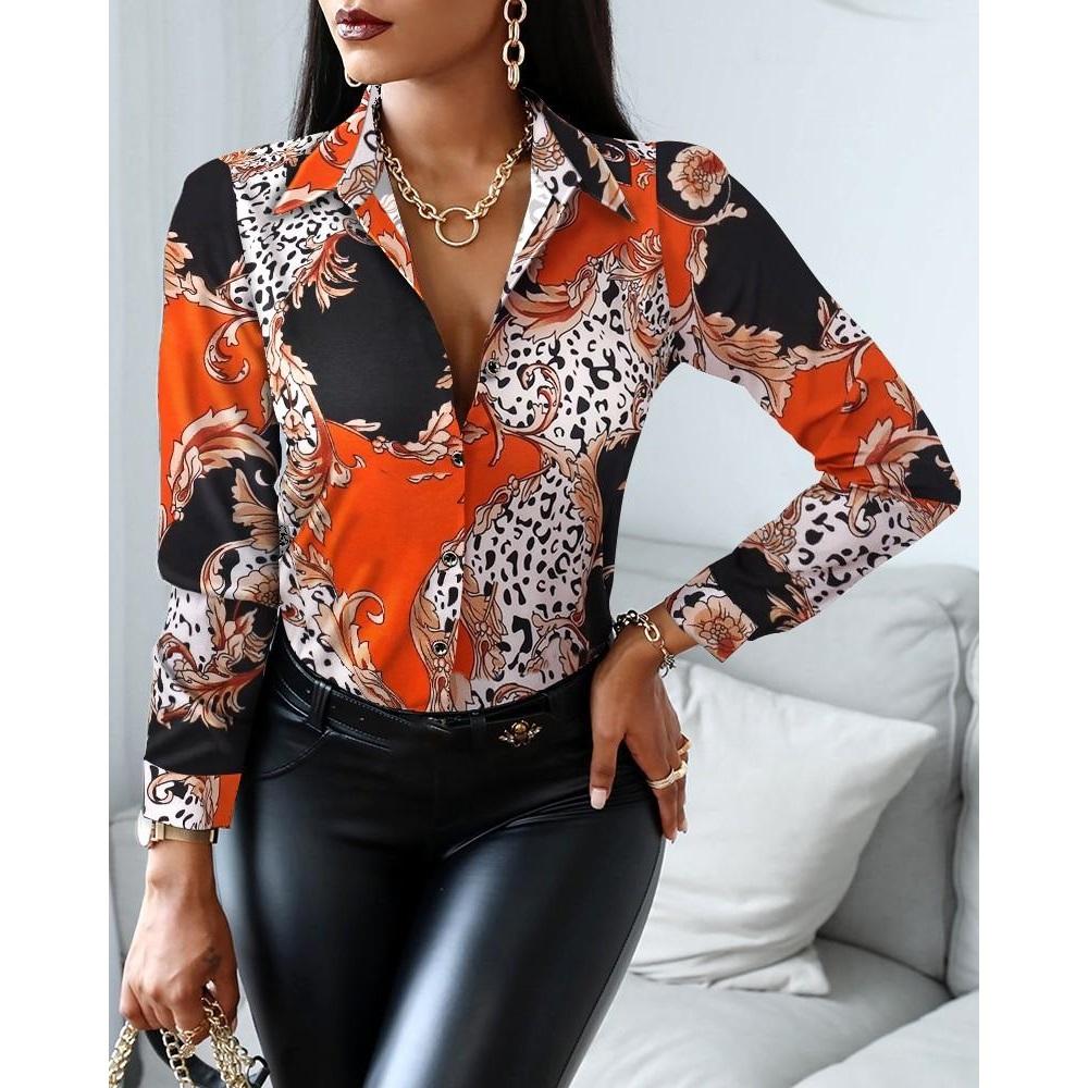Women Fashion Shirt Vintage Autumn Shirt Print Blouse Casual V-neck Long Sleeve Shirt  Blouse