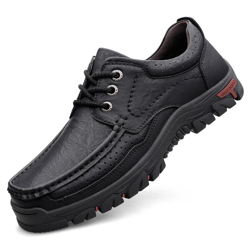 

Men Genuine Leather Walking Shoes Brand Casual Lace-Up Loafers Business Shoes Comfy Antiskid Driving Shoe Plus Size38-46 46 чёрный