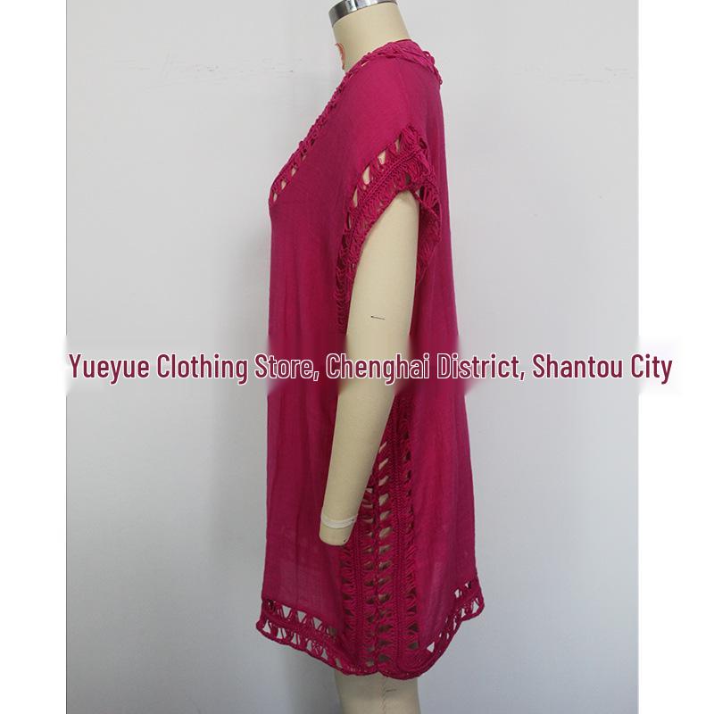 Cross-Border Solid Color Crochet Bamboo Patchwork Neckline Beach Cover-Up