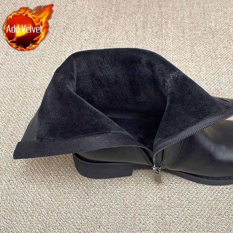 Black Leather Fleece-Lined Autumn Winter Round Toe Ladies Mid Calf Shoes Chic and Elegant Pu Middle Heel Women's Half High Boots