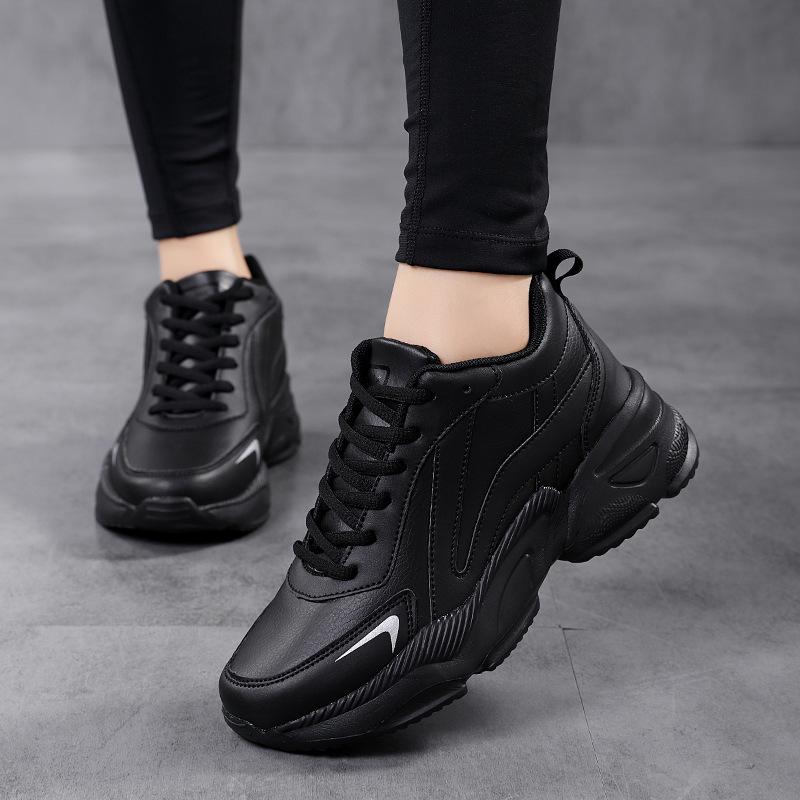 Women's Black Non-Slip Height-Increasing Sports Shoes - Fashionable, Comfortable, Versatile, Thick Sole for Spring/Autumn