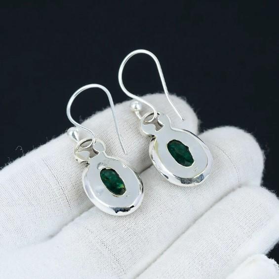 Hint Zümrüt Küpe, 925 Ayar Gümüş Küpe, Zümrüt Çerçeve Seti Takı, Elips Zümrüt Küpe, Bohem Takı, Ona Hediye.