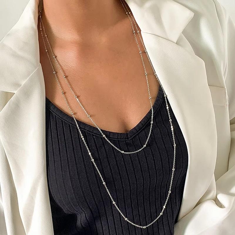Vintage Silver Color Round Bead Necklace For Women Girls 2026 Fashion Multi Layered Long Sweater Chain Necklace Charm Jewelry