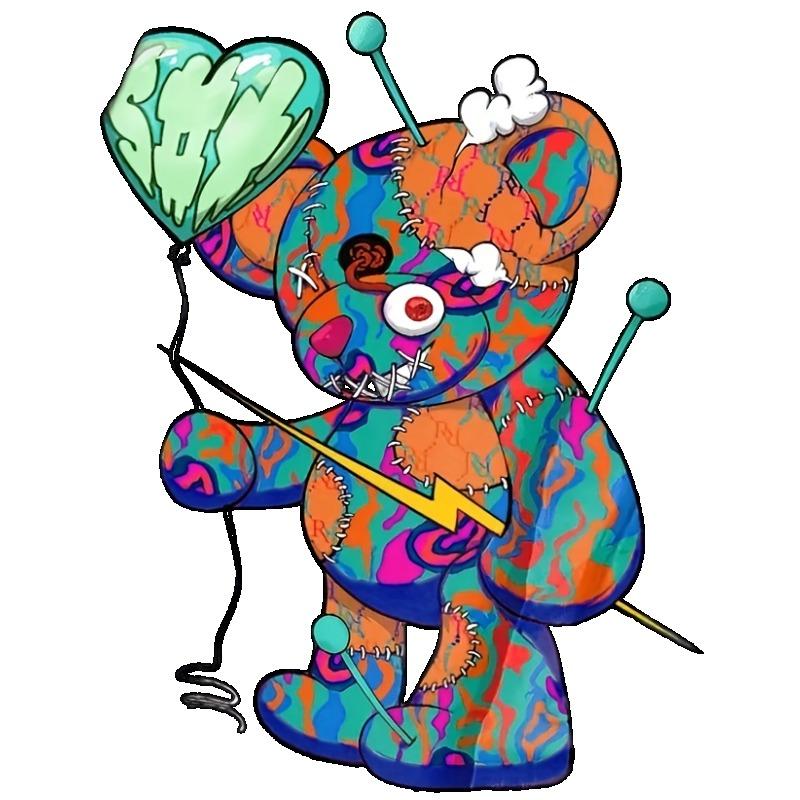 Women Casual T Shirt Black Colorful Patchwork Bear With Heart And Needles Print For Daily Wear And Fashion Outfits