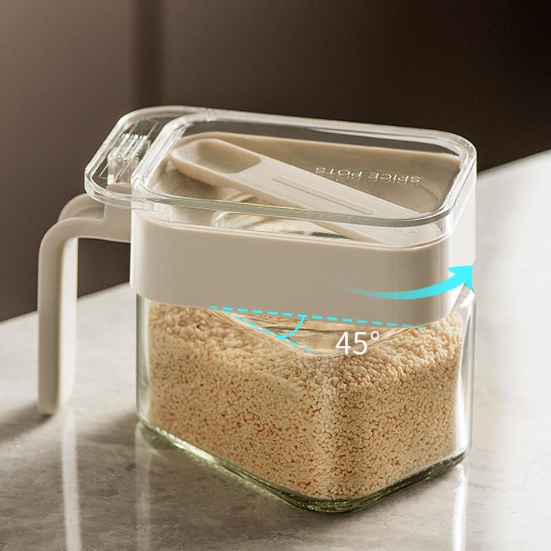 Condiment Jar Spice Container Sugar and Salt Container Set Glass Seasoning Box with Spoon Dustproof Lid and Handle